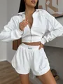White velvet lounge set featuring a zip-up cropped jacket and elastic waist shorts - White