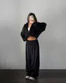 Casual black velvet two-piece set with cropped zip hoodie and wide-leg sweatpants - Black
