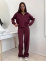 Women's maroon two-piece sports tracksuit with hooded zip-up jacket and wide-leg pants - S / Top And Bottom / Burgundy