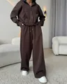 Detail of dark brown women's two-piece cotton tracksuit with zip-up hoodie and wide-leg pants. - S / Top And Bottom / Coffee