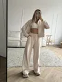 Women's beige two-piece cotton lounge set featuring zip-up hoodie and wide-leg pants - S / Top And Bottom / Apricot