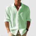 Camisa de hombre verde menta de manga larga en tejido texturizado transpirable efecto lino - S / Tops / Verde