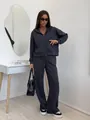 Women's two-piece cotton tracksuit featuring a zip-up hoodie and wide-leg pants in grey. - S / Top And Bottom / Dark Gray