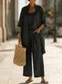 Casual dark gray linen three-piece set for women featuring wide-leg pants and cardigan. - S / Top And Bottom / Black