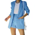 Front detail view of a stylish light blue two-piece blazer and shorts set for women - Sky Blue