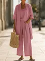 Detail of pink 3-piece linen leisure set with wide-leg trousers for summer vacation - S / Set / Pink