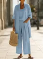 Light blue three-piece linen set featuring wide-leg pants and a long cardigan for summer - S / Top And Bottom / Sky Blue