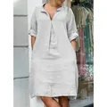 Casual V-neck pleated linen-style midi dress in light grey for women's summer wear. - S / Bottoms / Light Gray