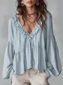 Elegante camicetta azzurra con delicate ruches e stiloso dettaglio maniche a sbuffo - XS / Top / Celeste