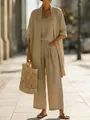 Full view of minimalist linen three-piece set in beige for summer vacation outfits - S / Set / Camel