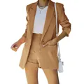 Elegant tan women's two-piece suit featuring a lapel blazer and matching shorts set - Dark Khaki