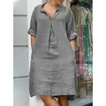 Casual grey V-neck pleated linen midi dress for women featuring comfortable loose fit - S / Bottoms / Dark Gray