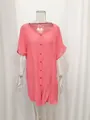 Detailed front view of a pink loose short-sleeved tunic shirt on a transparent mannequin - S / Tops / Pink