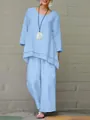 Full view of casual light blue linen set showing the loose fit and layered top design - S / Top And Bottom / Sky Blue