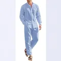 Vista completa del set da spiaggia da uomo con camicia e pantaloni casual azzurro chiaro - 3XL / Top E Pantaloni / Blu