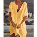 Loose bright yellow mid-length short sleeve tunic shirt beach cover up for casual summer - S / Tops / Yellow