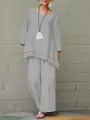 Full view of plus size grey cotton linen two-piece set featuring long-sleeve loose top - S / Top And Bottom / Gray