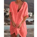 Close-up of a coral pink loose short-sleeved linen beach cover-up shirt for women - 7XL / Tops / Red