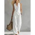 Elegante conjunto de chaleco de lino sin mangas blanco y pantalón ancho de mujer - S / Top Y Pantalón / Blanco