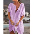 Close-up of the relaxed fit and linen texture of a lavender button-down beach cover-up - 7XL / Tops / Purple