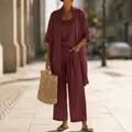 Élégant ensemble trois pièces pour femme en lin bordeaux avec cardigan et pantalon large - S / Ensemble / Bordeaux