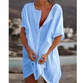 Women's light blue loose-fit linen button-down short sleeve shirt beach cover-up - 7XL / Tops / Blue