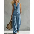 Elegante conjunto de dos piezas de lino azul con chaleco sin mangas y pantalón ancho - S / Top Y Pantalón / Azul