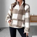 Detail view of the soft checkered fleece texture on this stylish half-zip sweatshirt. - 3XL / Brown