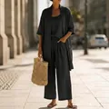 Ensemble trois pièces en lin confortable avec pantalon large pour les vacances - S / Ensemble / Noir