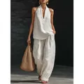 Elegant French chic white linen-style halter V-neck top and wide-leg pants set for women - S / Top And Bottom / White