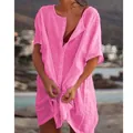 Women's bright pink loose-fit short-sleeve shirt cover-up ideal for beach and summer wear - 7XL / Tops / Pink