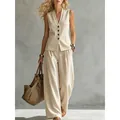 Elegante conjunto de lino beige con chaleco sin mangas y pantalón de pierna ancha mujer - S / Top Y Pantalón / Albaricoque