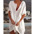 Detail view of a loose white linen-style beach cover-up shirt with front buttons - 7XL / Tops / White