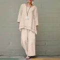 Conjunto casual de dos piezas para mujer de algodón y lino con top de manga larga y pantalón - S / Top Y Pantalón / Blanco Roto
