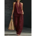 Elegant French style burgundy halter neck backless top and wide leg pants set for summer - Burgundy