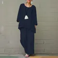 Women's casual two-piece linen set with long sleeve tunic and wide leg pants in navy blue - S / Top And Bottom / Dark Blue
