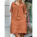 Casual rust orange V-neck pleated linen dress for women, stylish solid color SKU view. - S / Bottoms / Coral