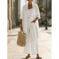 Women's 3-piece summer linen set with cardigan and wide-leg pants in white - S / Top And Bottom / White