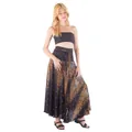 Long bohemian maxi skirt with peacock feather print and lace-up waist - S / Bottoms / Smocked Black
