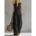Elegante conjunto de dos piezas negro con chaleco de lino sin mangas y pantalones de pata ancha - S / Top Y Pantalón / Negro