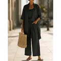 Chic 3-piece dark grey linen-style vacation set with cardigan and wide leg pants - S / Top And Bottom / Black