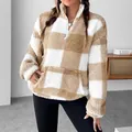 Stylischer, karierter Fleece-Sweatshirt mit halbem Reißverschluss für Damen im Herbst - Aprikose