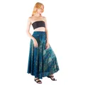 Elegant bohemian teal long skirt featuring a peacock feather print and lace-up waist. - S / Bottoms / Smocked Green
