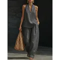 Elegant charcoal grey linen halter top and wide-leg pants two-piece set for women - S / Top And Bottom / Dark Gray