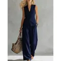 Elegante conjunto de chaleco de lino sin mangas y pantalón ancho azul marino dama - Azul marino
