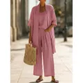 Casual pink three-piece linen set with cardigan and wide-leg trousers for summer - S / Top And Bottom / Pink