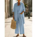 Elegant light blue three-piece linen set with cardigan tank top and wide-leg trousers - S / Top And Bottom / Sky Blue