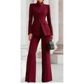 Elegant bordeauxrood tweedelig pak met blazer met opstaande kraag en broek met wijde pijpen - S / Boven- En Onderstuk / Rood