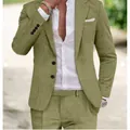 Premium men's two-piece slim fit linen-texture suit set in stylish olive green - S / Top And Bottom / Green