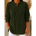 Top a maniche lunghe in velluto a coste verde scuro da donna con scollo a V e bottoni - Taglia S / Top / Verde militare
